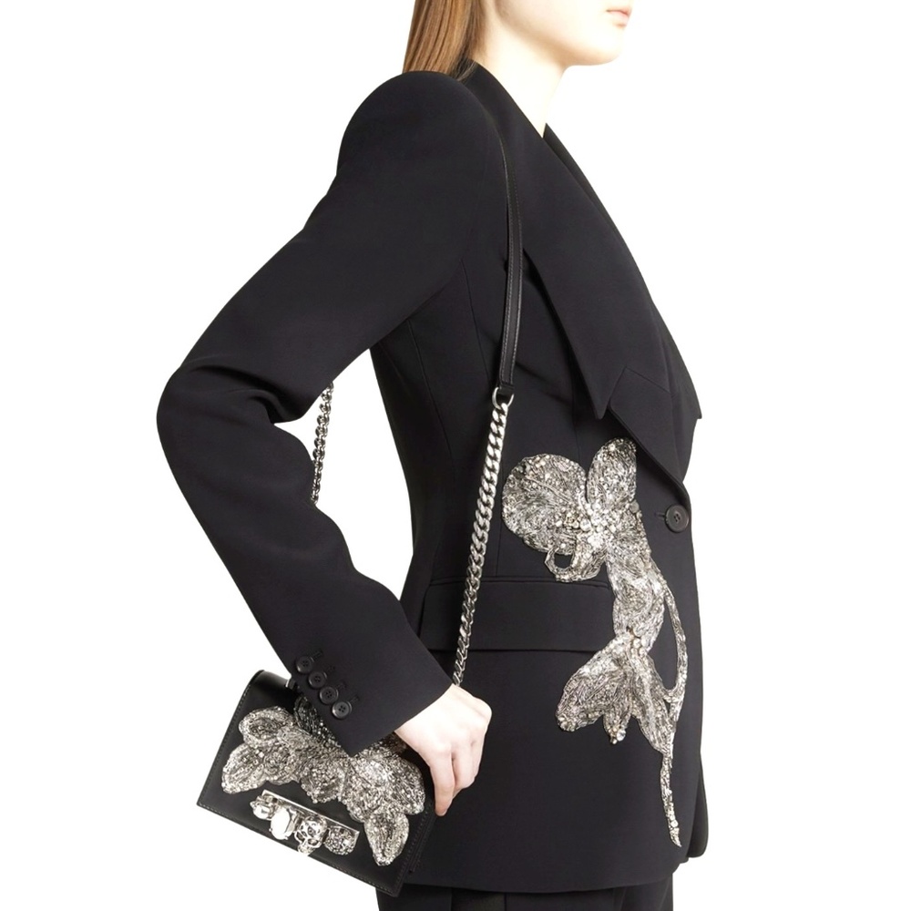 Alexander McQueen Orchid Embroidered Jeweled Leather Satchel / Shoulder Bag - Picture 5 of 13